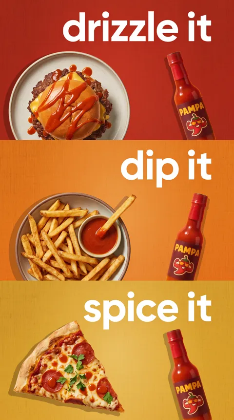 Pampa : story Drizzle it, dip it, spice it avec la sauce pimentée sur un burger, des frites et une pizza
